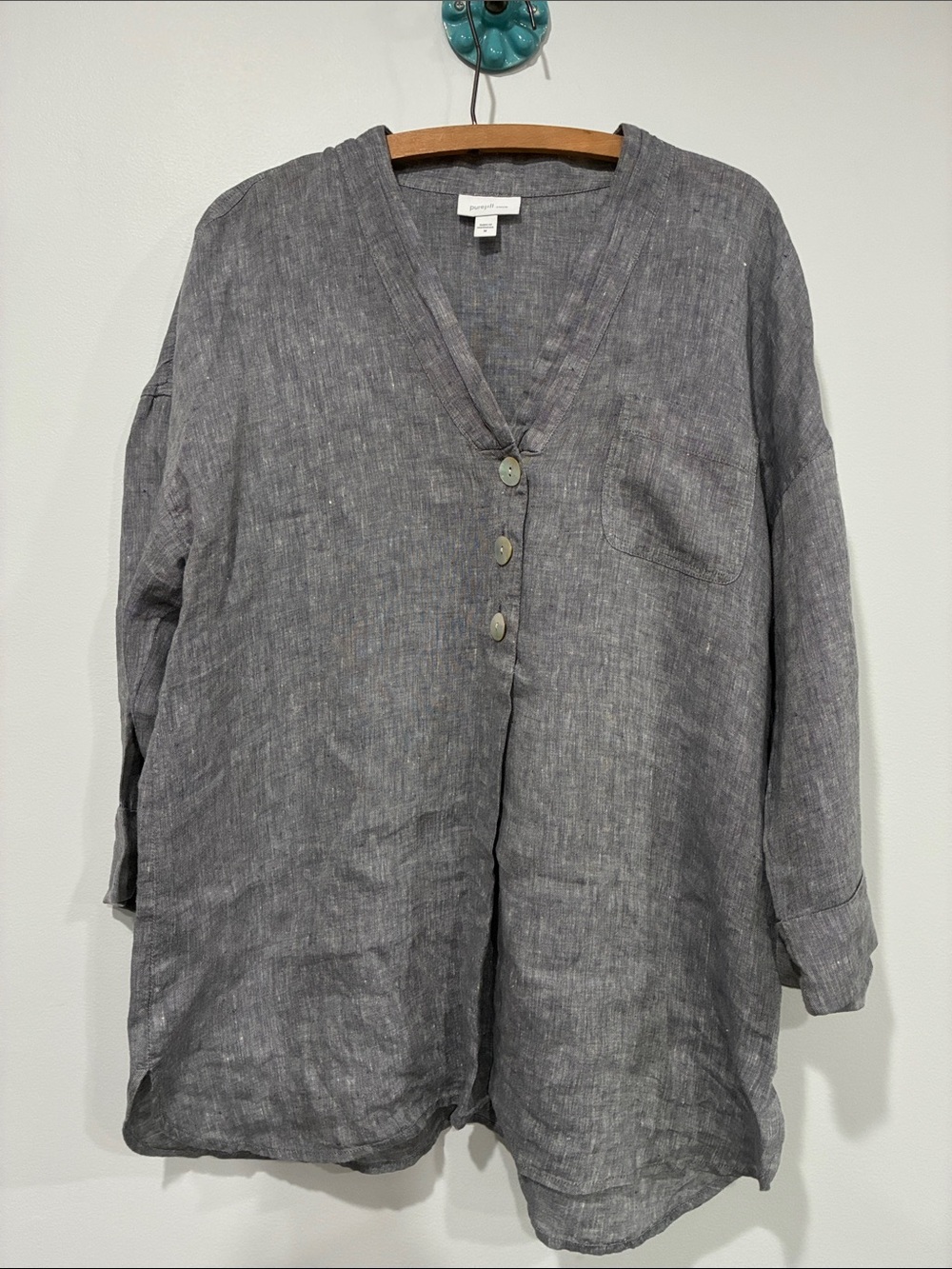 Pure Jill j. Jill Relaxed V-Neck Button Linen Tunic - Gray